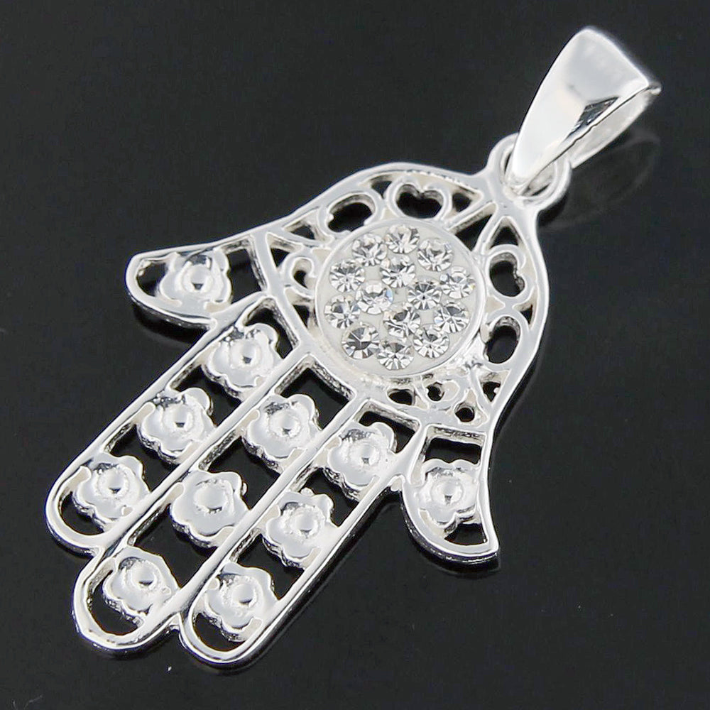 Jeweled Fatima Hand with Flowers 925 Sterling Silver Pendant