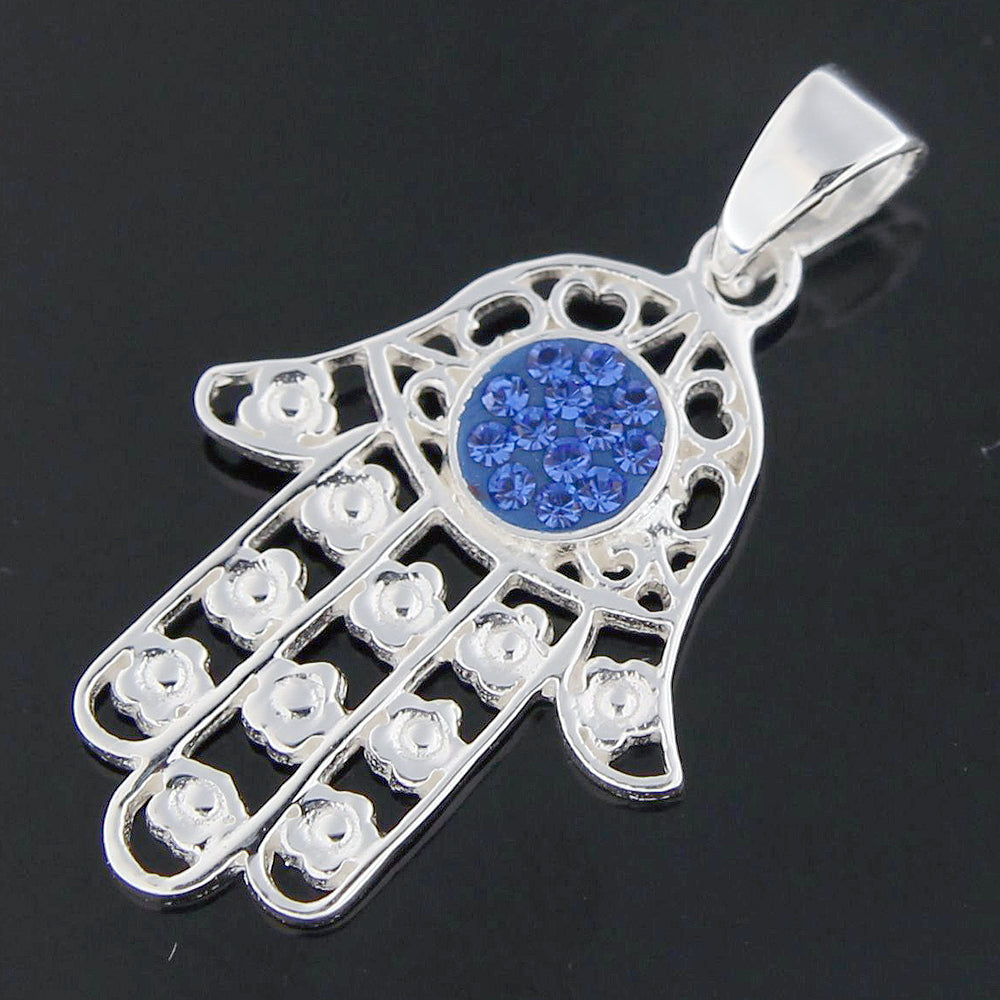 Jeweled Fatima Hand with Flowers 925 Sterling Silver Pendant