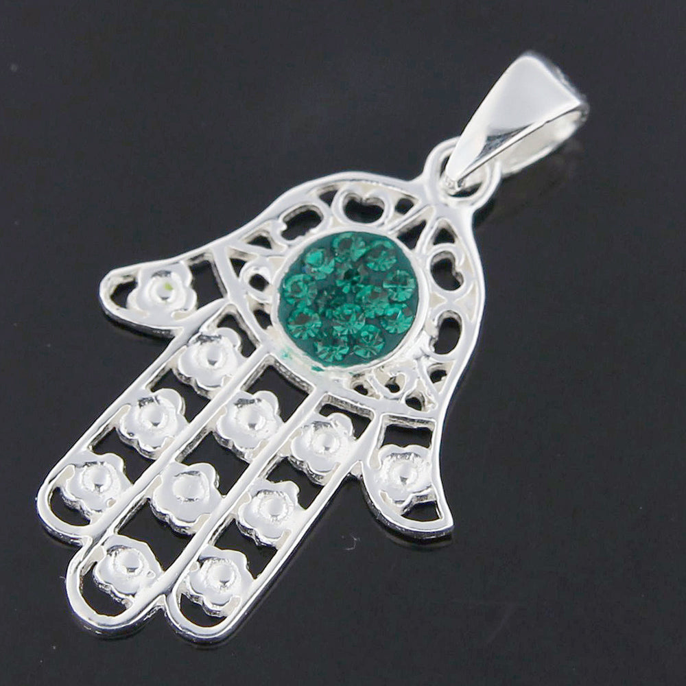Jeweled Fatima Hand with Flowers 925 Sterling Silver Pendant