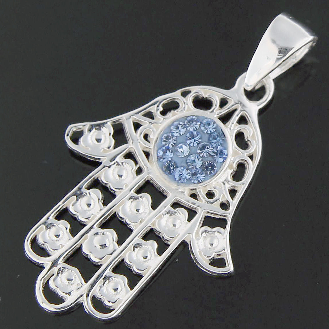 Jeweled Fatima Hand with Flowers 925 Sterling Silver Pendant