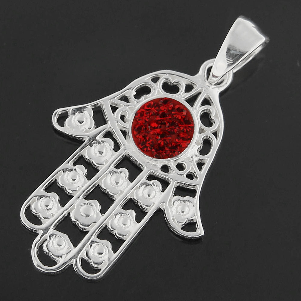 Jeweled Fatima Hand with Flowers 925 Sterling Silver Pendant