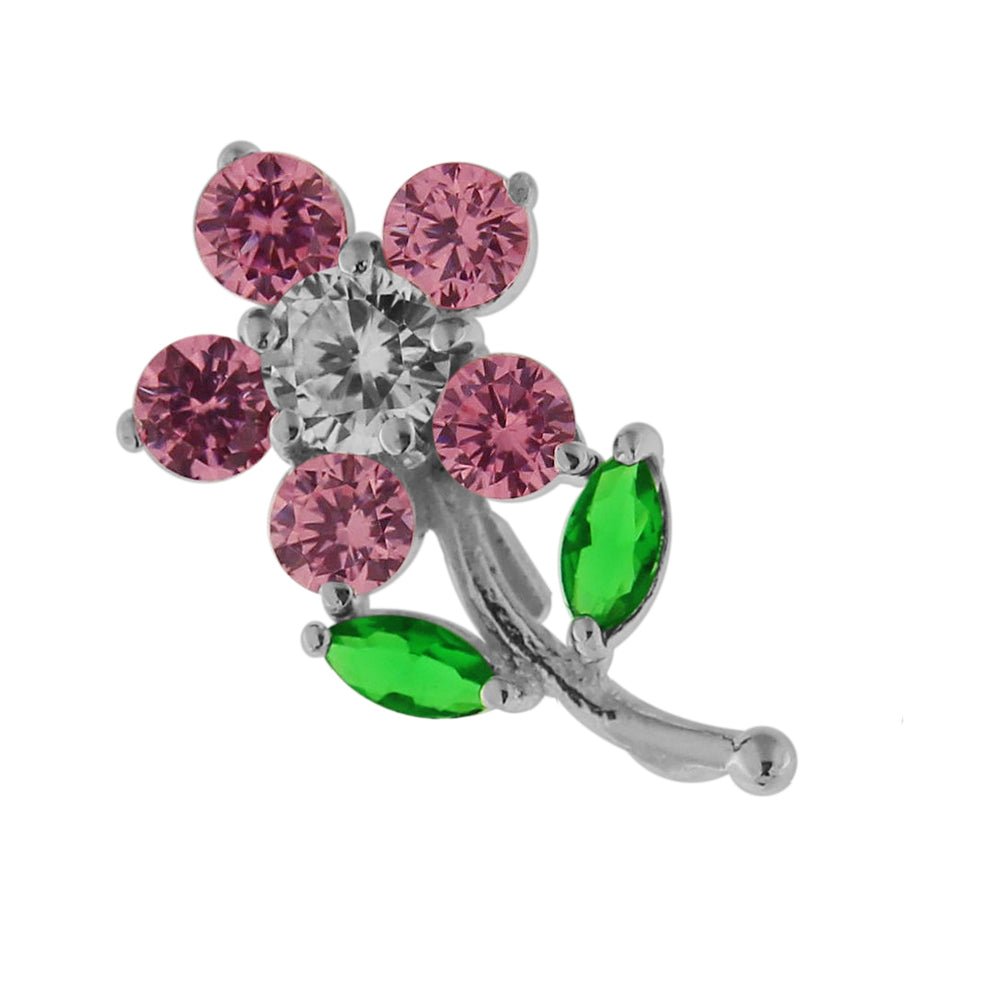 925 Sterling Silver Jeweled Flower with Leaf Pendant