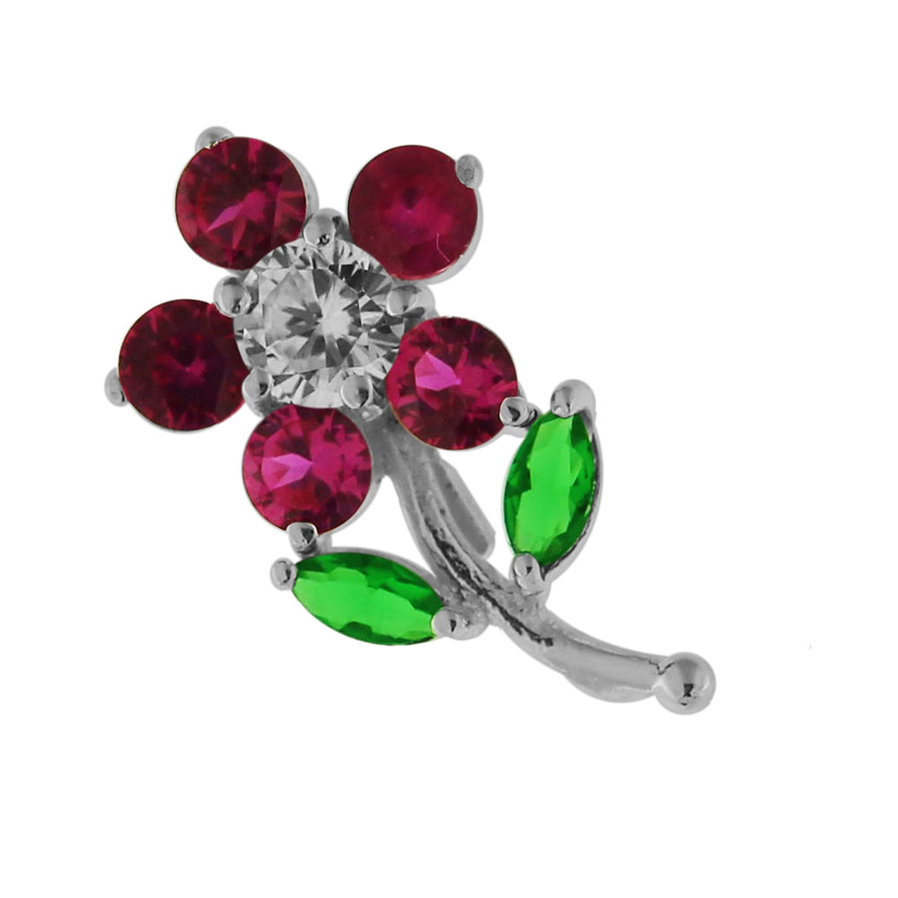 925 Sterling Silver Jeweled Flower with Leaf Pendant