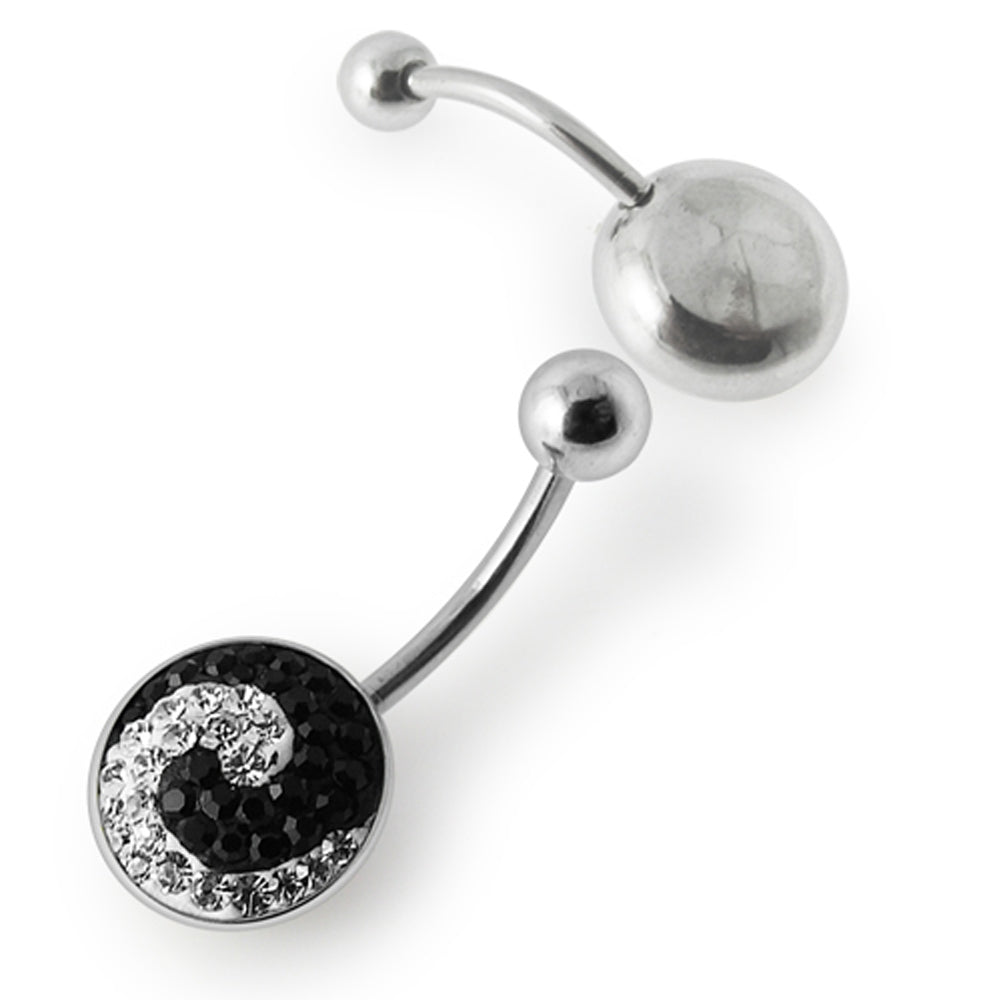 Black And White Crystal stone SS Bar Belly Ring with steel Base