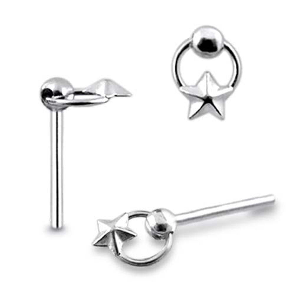 Sharp-Embossed Star on Moving Ring Straight Nose Pin