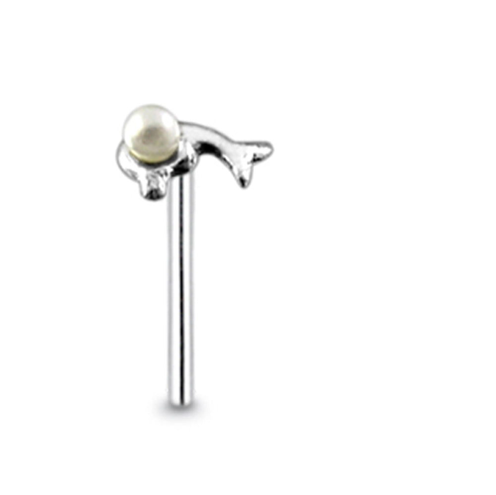 Dolphin with Pearl Straight Nose Pin
