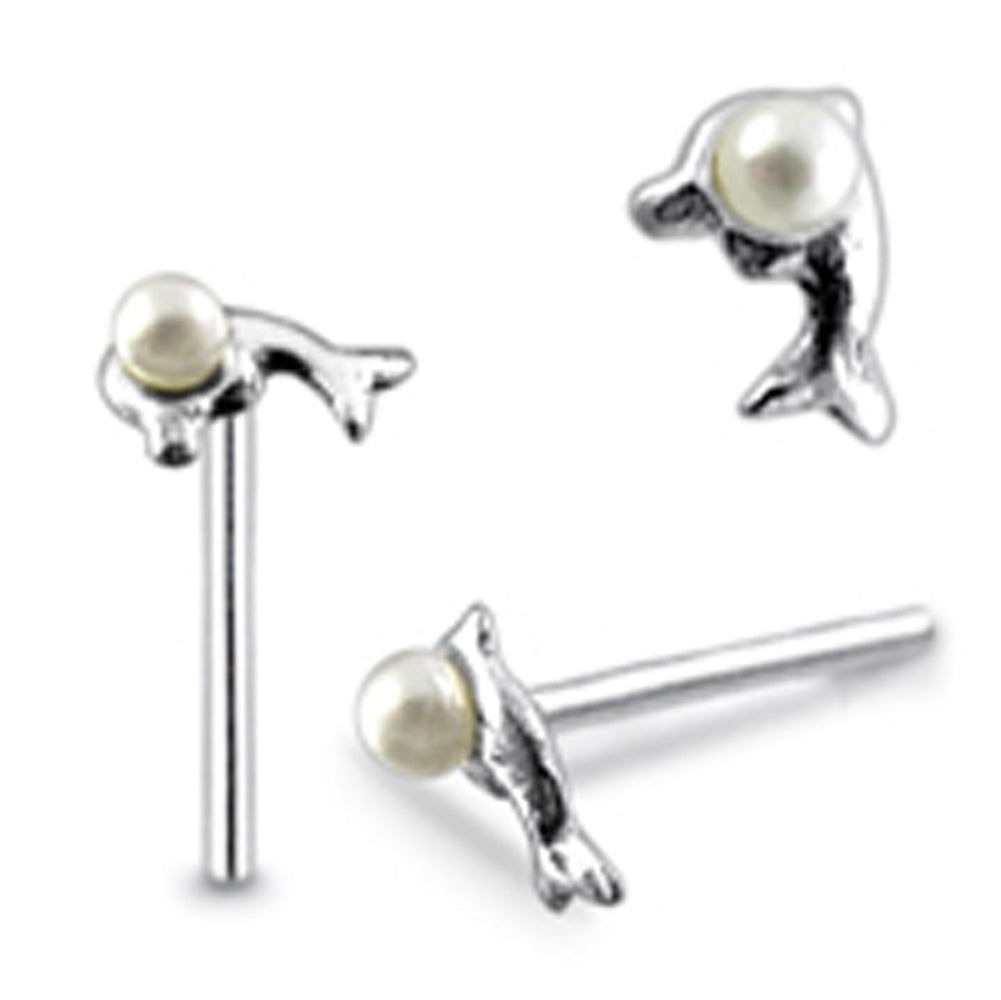 Dolphin with Pearl Straight Nose Pin