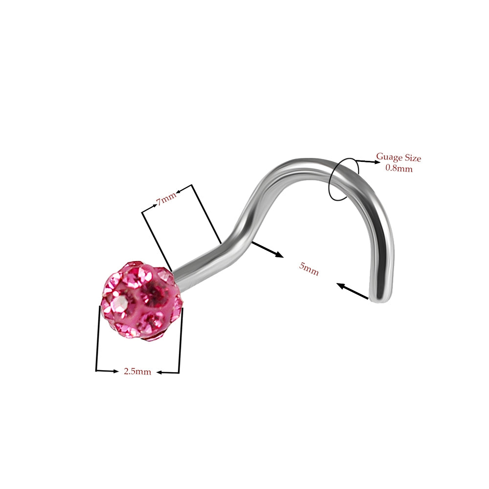 20G Surgical Steel Ferido Ball Jeweled Nose Screw Stud Pink