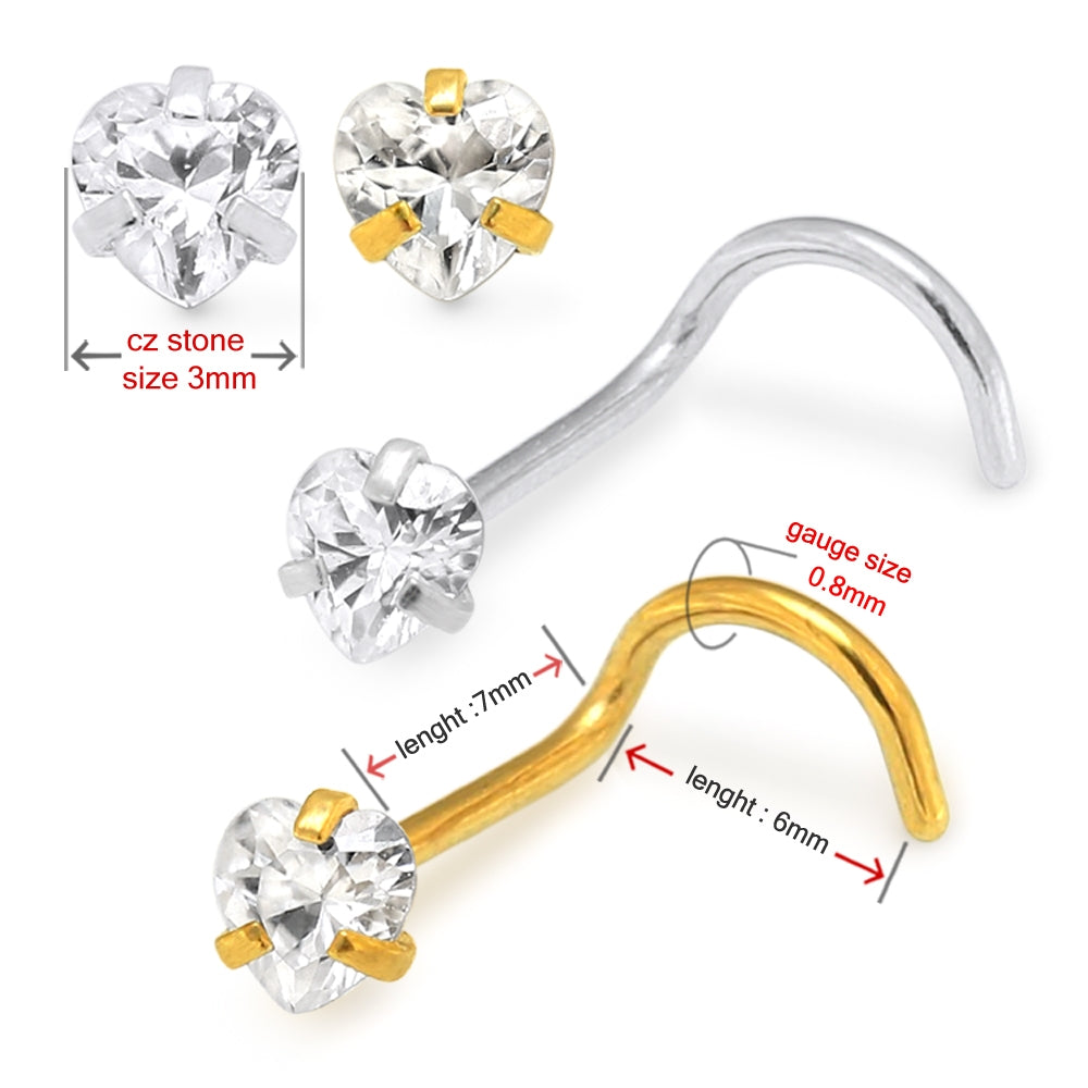 20G Surgical Steel Heart CZ Stone Nose Screw Stud