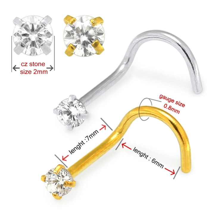 20G Surgical Steel Round CZ Stone Nose Screw Stud