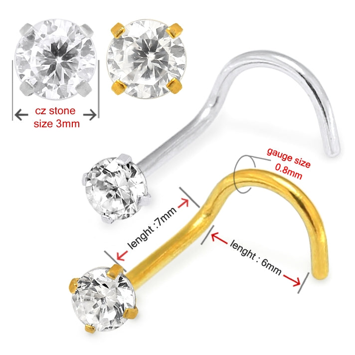 20G Surgical Steel Round CZ Stone Nose Screw Stud