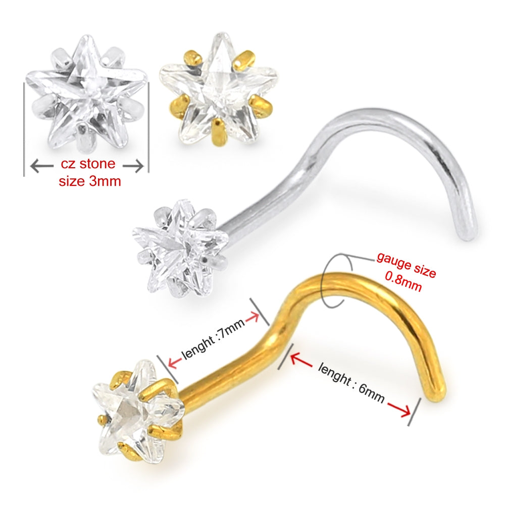 20G Surgical Steel Star CZ Stone Nose Screw Stud