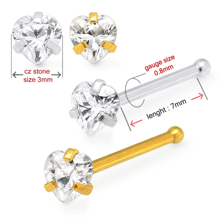 20G Surgical Steel Heart CZ Stone Nose Bone Stud