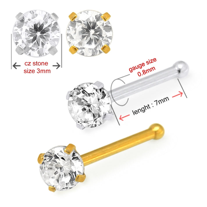 20G Surgical Steel Round CZ Stone Nose Bone Stud