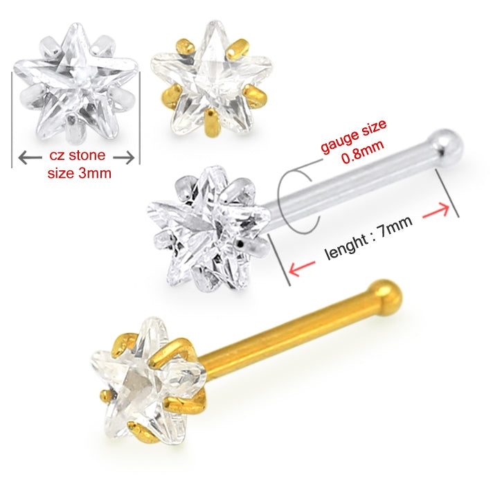 20G Surgical Steel Star CZ Stone Nose Bone Stud