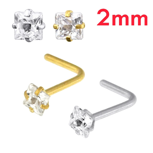 20G Surgical Steel Square CZ Stone L-Shape Nose Stud