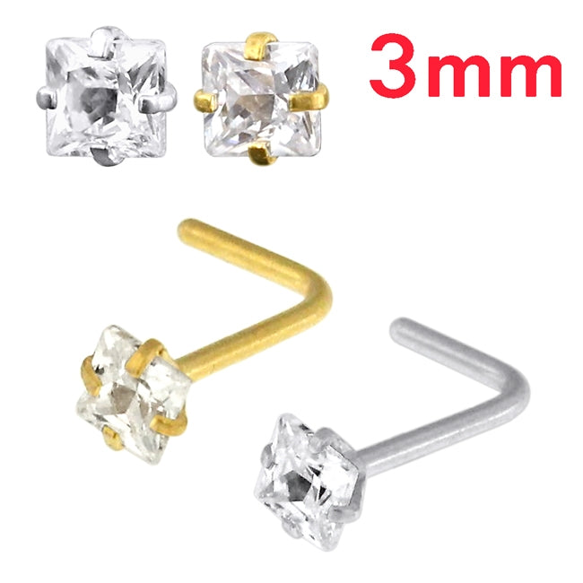 20G Surgical Steel Square CZ Stone L-Shape Nose Stud