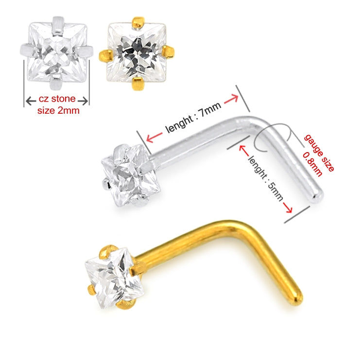 20G Surgical Steel Square CZ Stone L-Shape Nose Stud