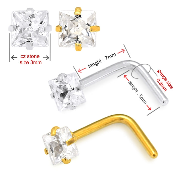 20G Surgical Steel Square CZ Stone L-Shape Nose Stud