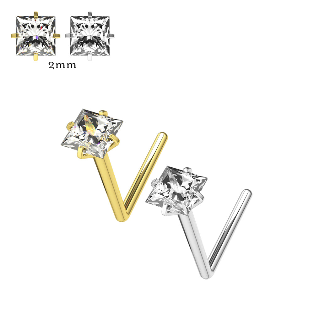 20G Surgical Steel Square CZ Stone L-Shape Nose Stud