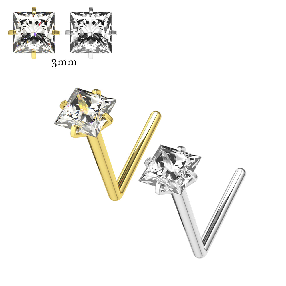 20G Surgical Steel Square CZ Stone L-Shape Nose Stud