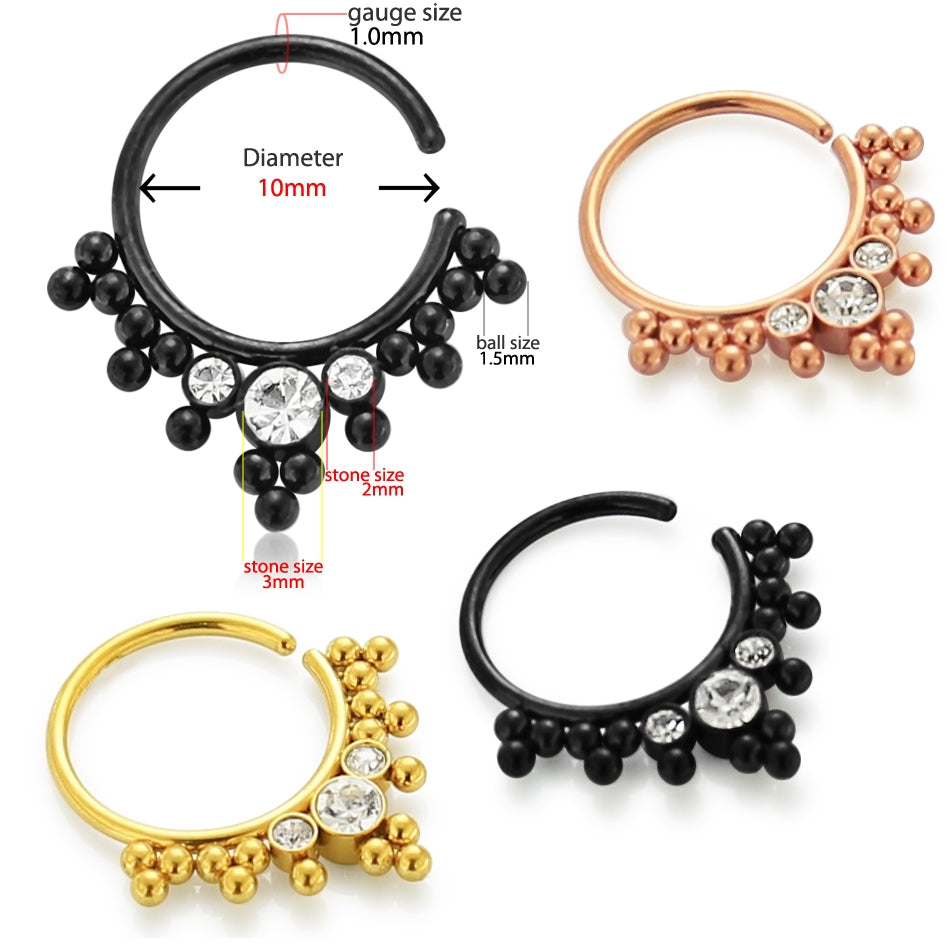 Anodized Jeweled and Dotted Ornate Tribal Septum Ring Jewelry Black