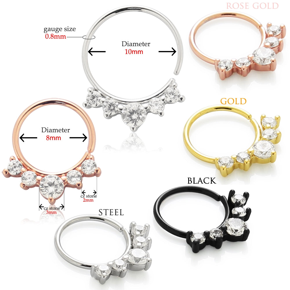 Five CZ's Jeweled Cartilage, Tragus, Septum Ring Jewelry Black 8