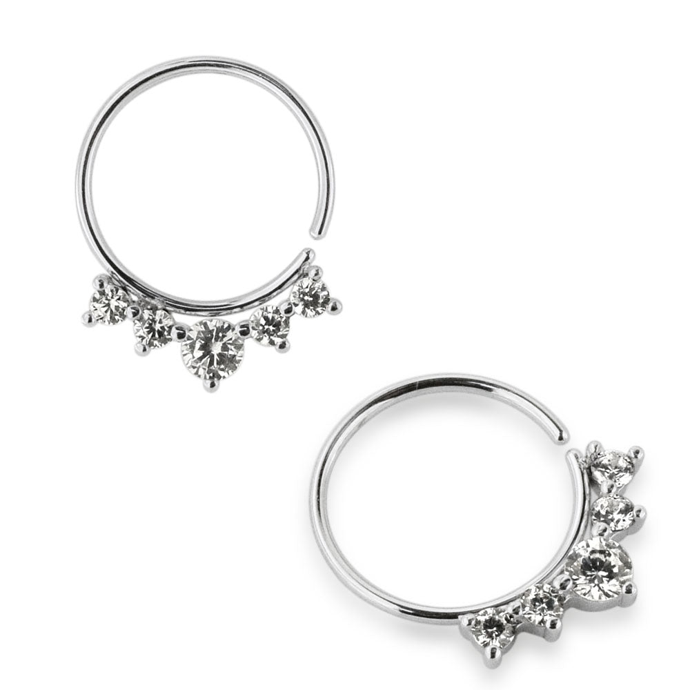 Five CZ's Jeweled Cartilage, Tragus, Septum Ring Jewelry Black 10mm
