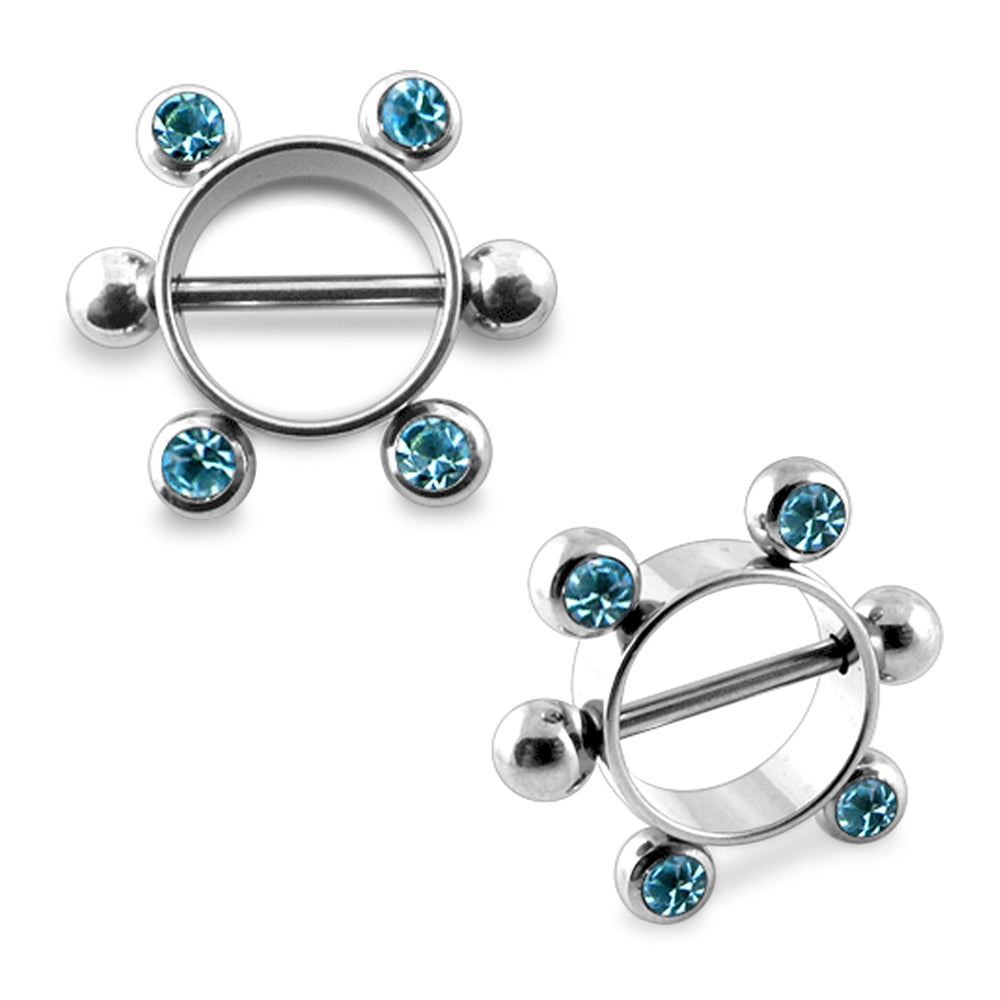 14G Aqua Jeweled Surgical Steel Nipple Rounder Ring