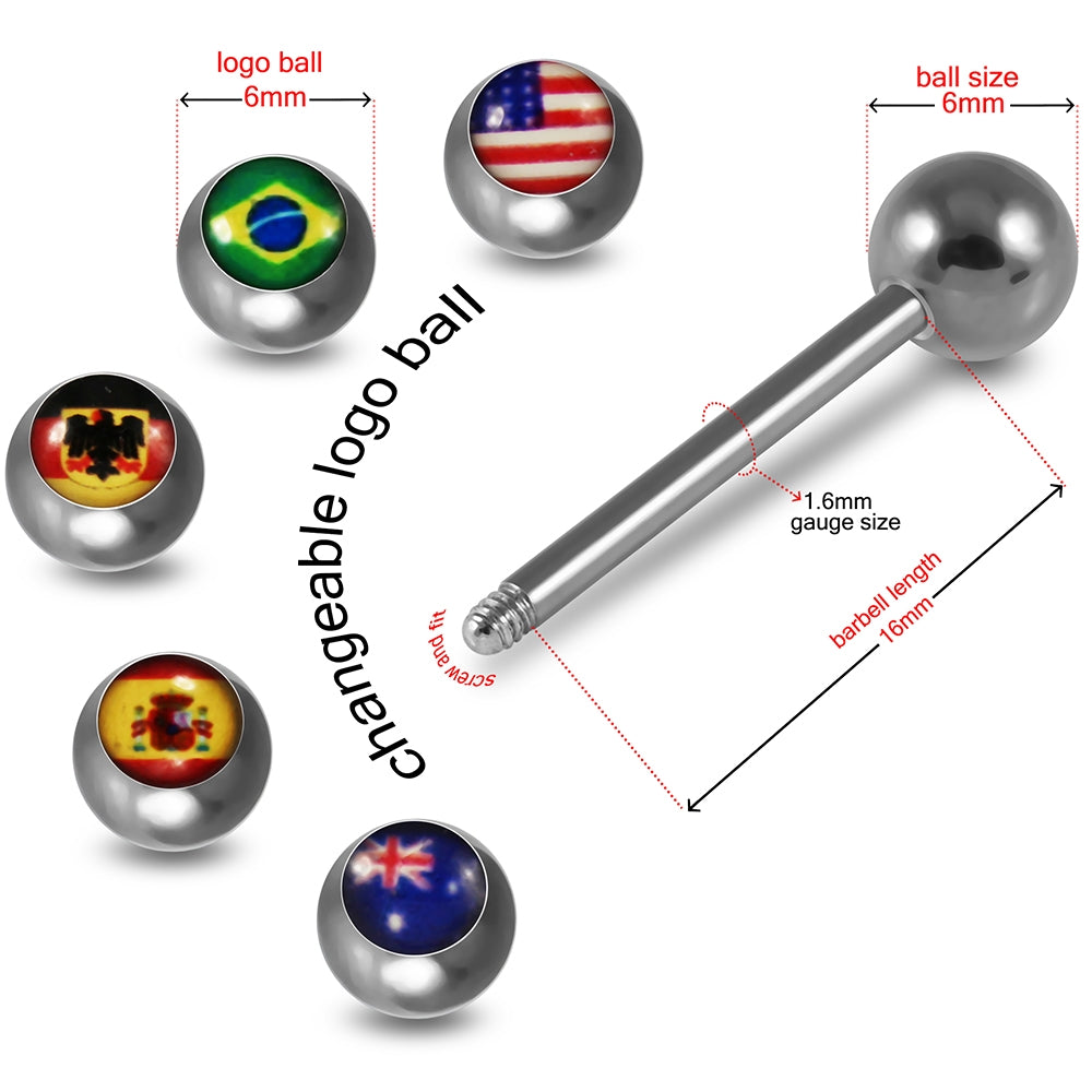 Tongue Barbell with 4 Free Interchange Country Flags Logo Ball
