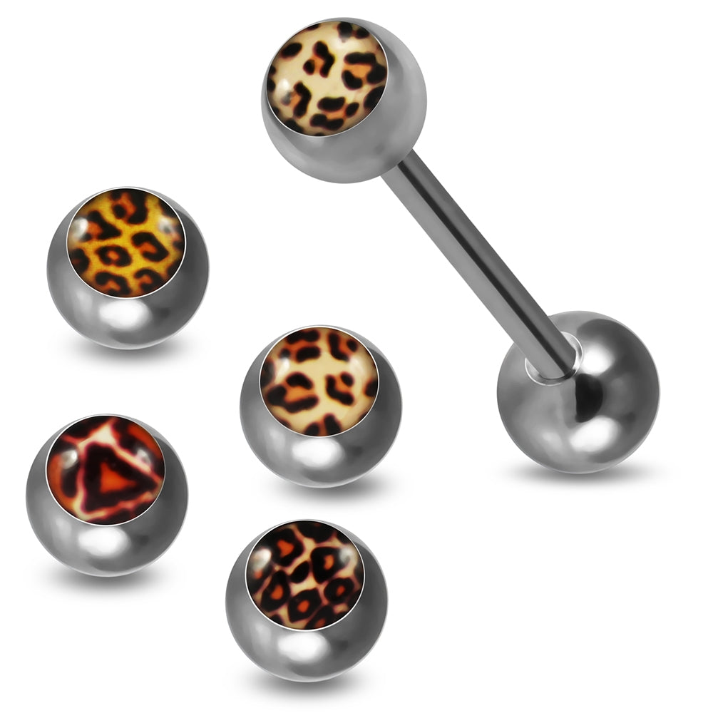 Tongue Barbell with 4 Free Interchange Leopard Skin Printed Logo Ball