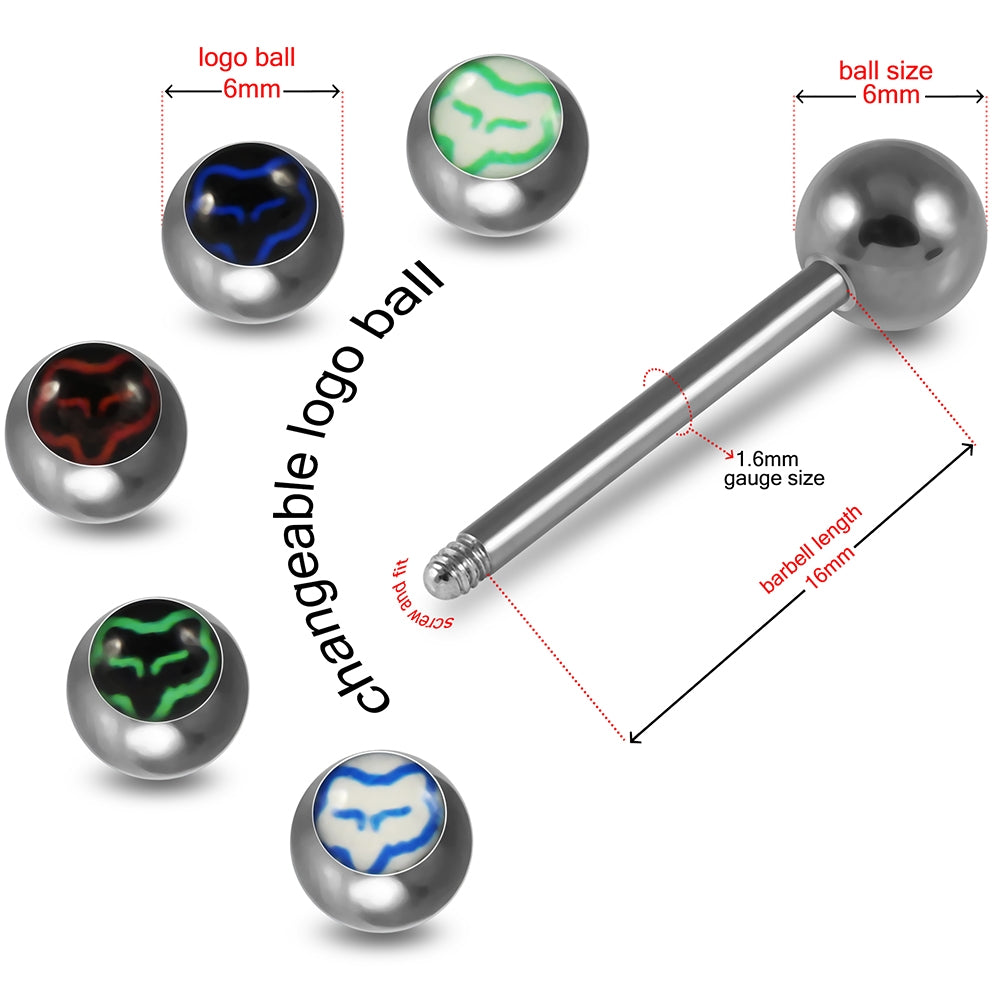 Tongue Barbell with 4 Free Interchange Fox Logo Ball