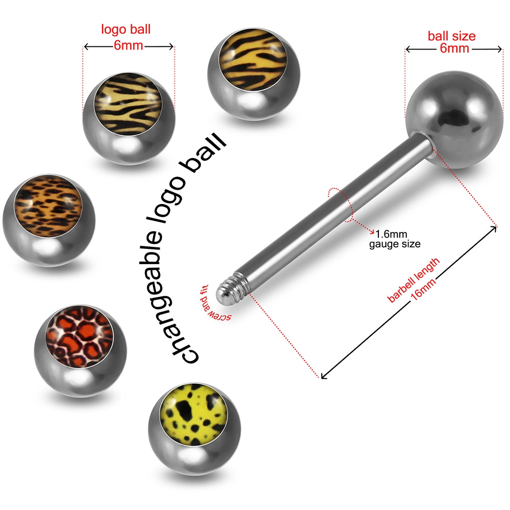 Tongue Barbell with 4 Free Interchange Tiger and Leopard Skin Printed Logo Ball