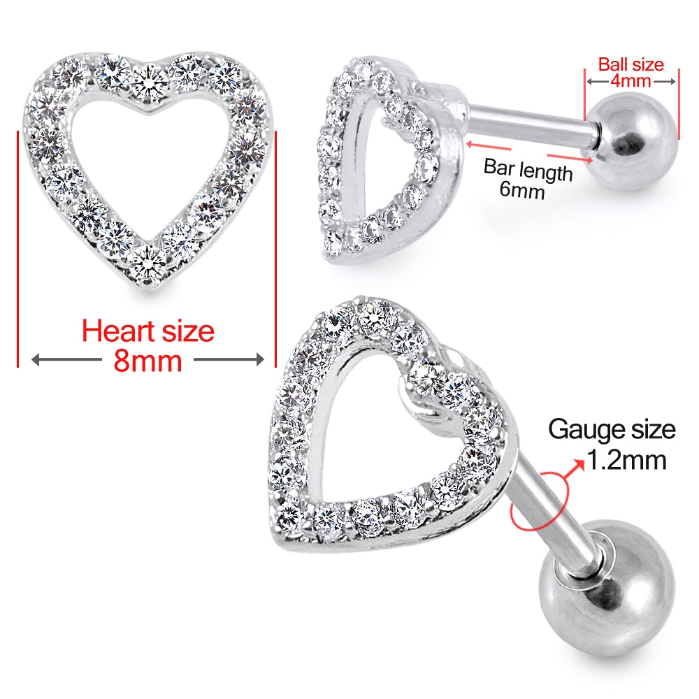 Heart Clear Gem Top Cartilage Helix Tragus Piercing Surgical Steel Ear Stud