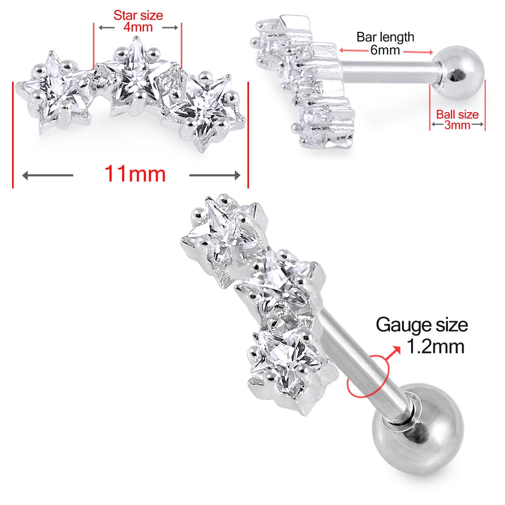 Triple Star Clear Gem Top Cartilage Helix Tragus Piercing Surgical Steel Ear Stud