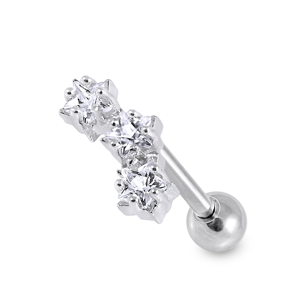 Triple Star Clear Gem Top Cartilage Helix Tragus Piercing Surgical Steel Ear Stud