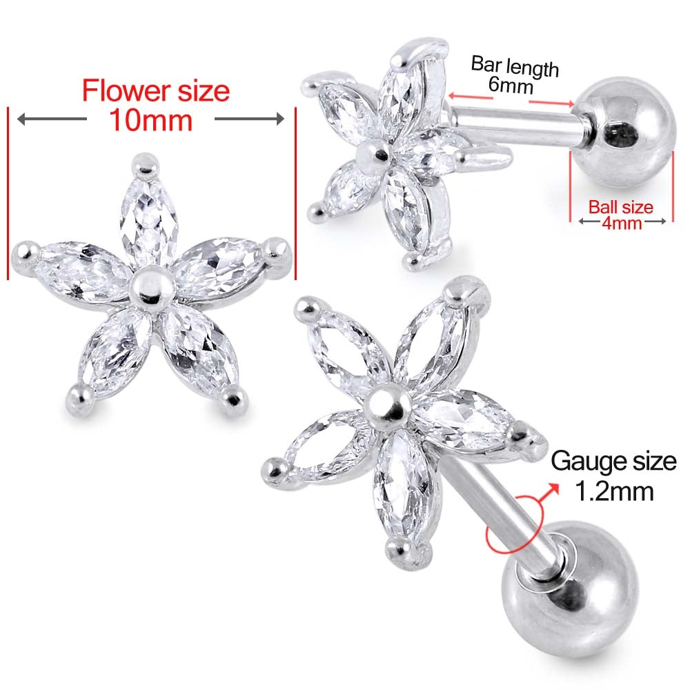 Flower Clear Gem Top Cartilage Helix Tragus Piercing Surgical Steel Ear Stud