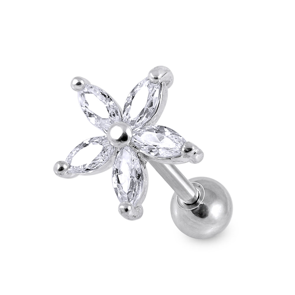 Flower Clear Gem Top Cartilage Helix Tragus Piercing Surgical Steel Ear Stud