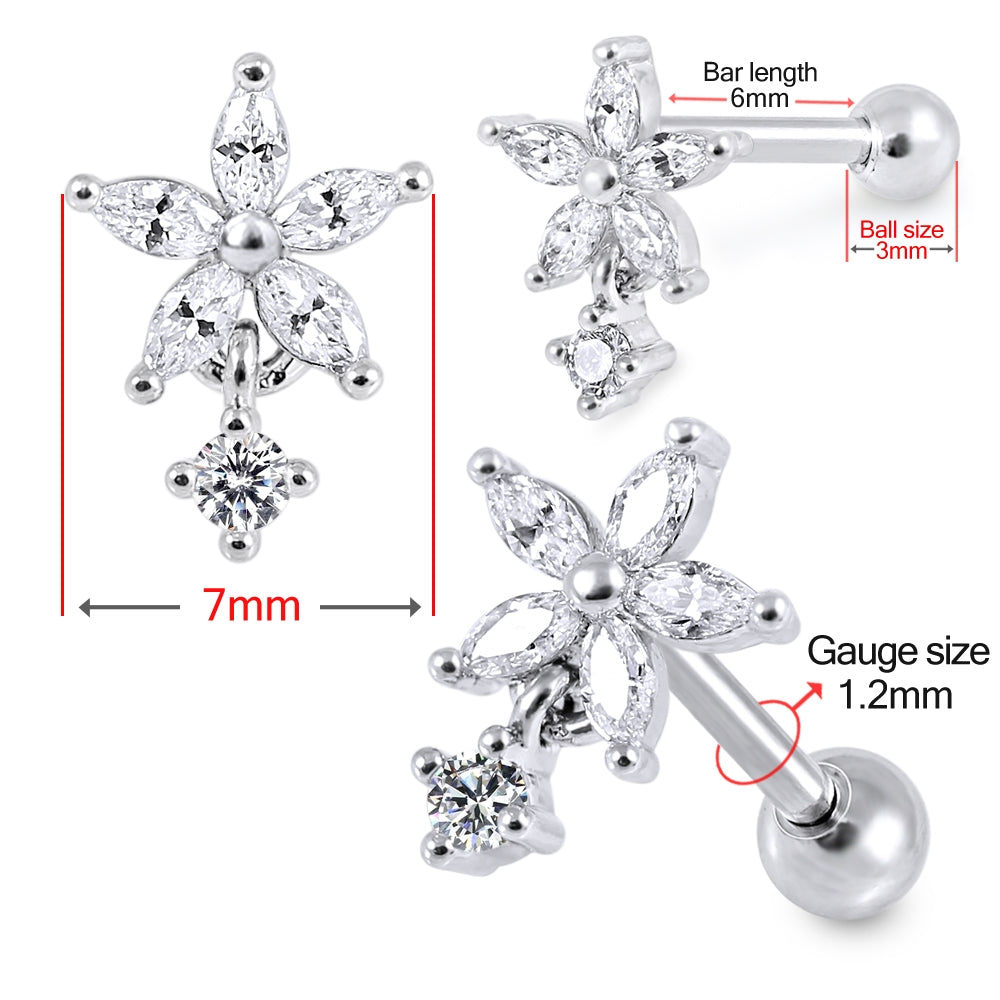 Flower Clear Gem Top Dangling Cartilage Helix Tragus Piercing