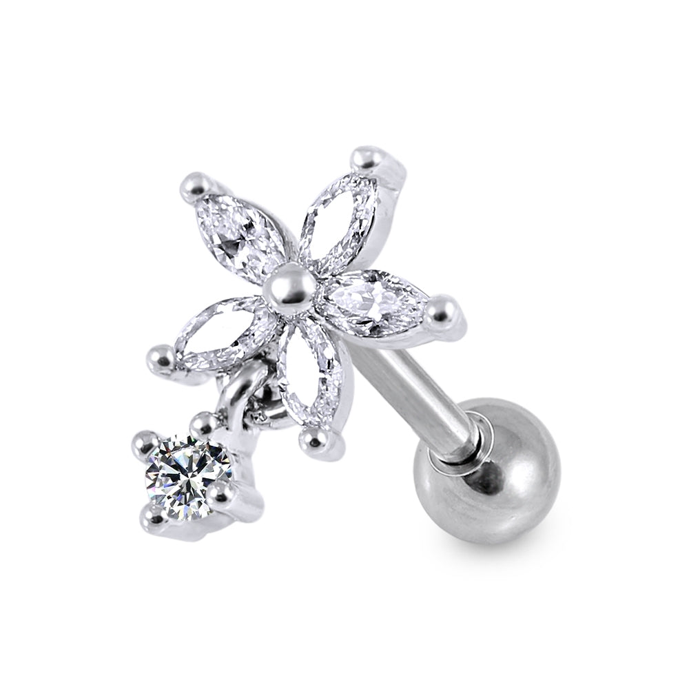 Flower Clear Gem Top Dangling Cartilage Helix Tragus Piercing