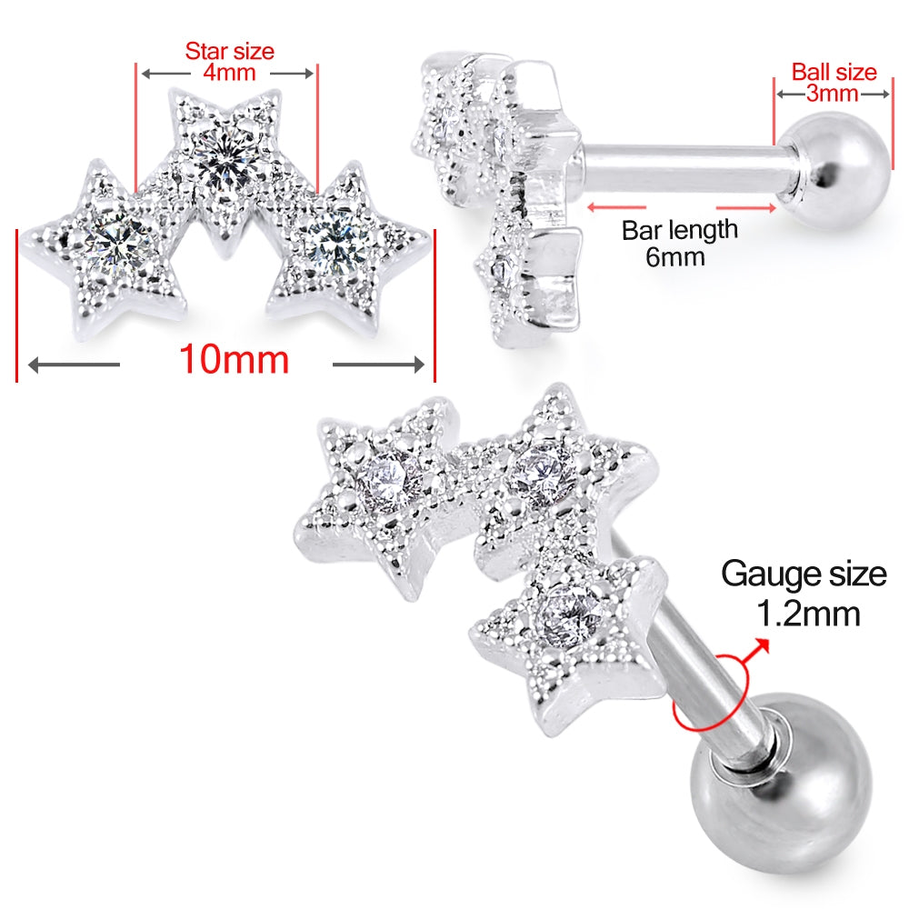 Triple Star Clear Gem Top Cartilage Helix Tragus Piercing Surgical Steel Ear Stud