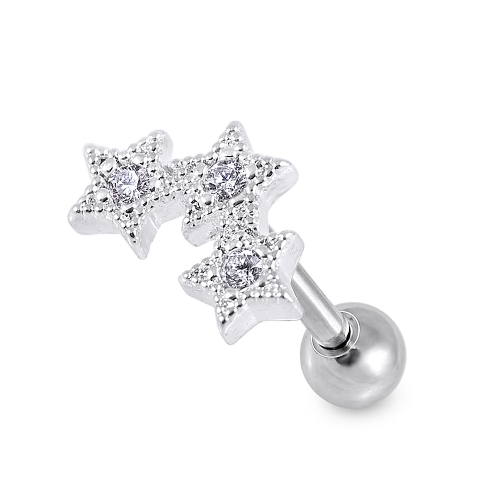 Triple Star Clear Gem Top Cartilage Helix Tragus Piercing Surgical Steel Ear Stud