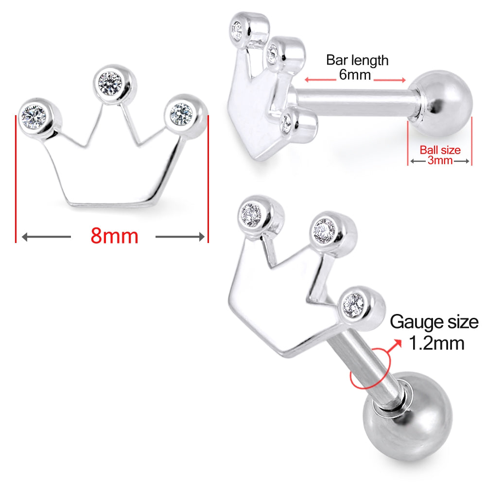 Crown Clear Gem Top Cartilage Helix Tragus Piercing Surgical Steel Ear Stud