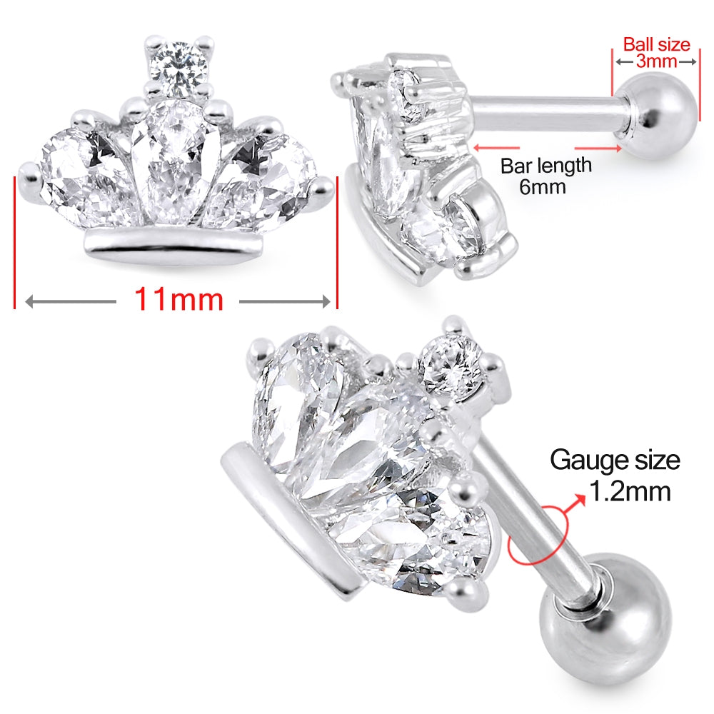 Crown Clear Gem Top Cartilage Helix Tragus Piercing Surgical Steel Ear Stud