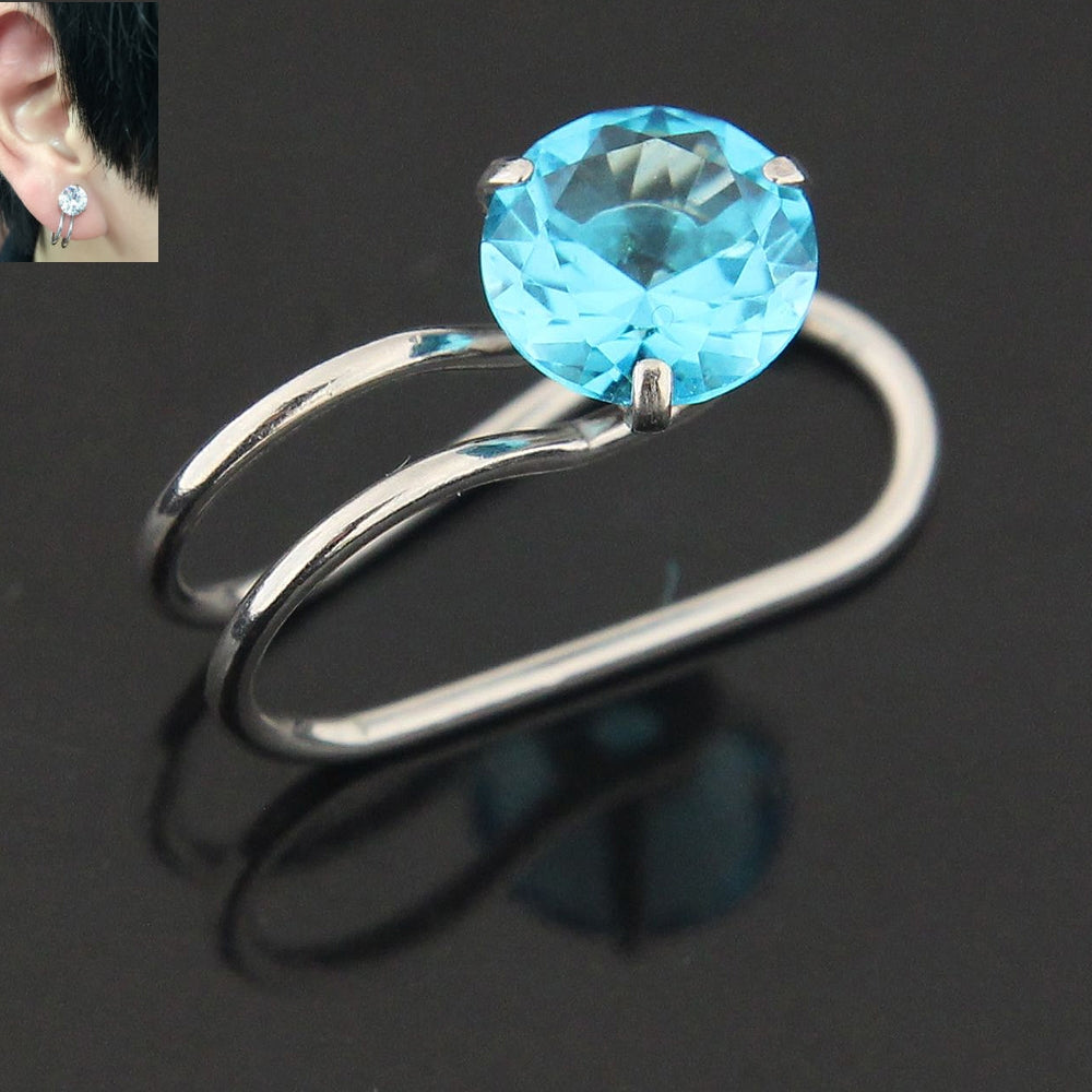 Round Jeweled Pressing Type Non Piercing Cartilage Clip on Ear ring Aquamarine