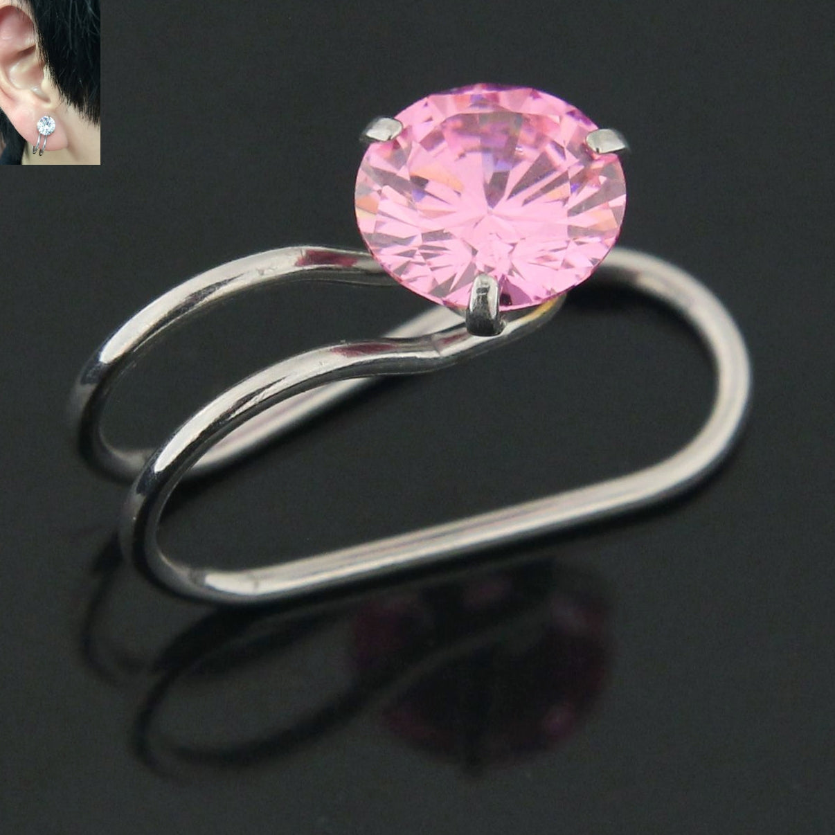 Round Jeweled Pressing Type Non Piercing Cartilage Clip on Ear ring Pink