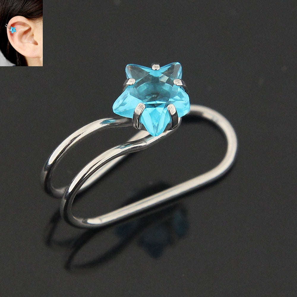 Star Jeweled Pressing Type Non Piercing Cartilage Clip on Ear ring Aquamarine