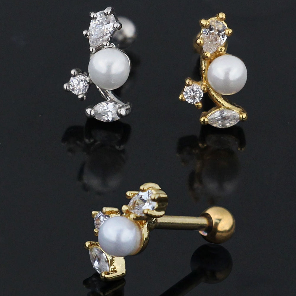 Jeweled Floral with Pearl Cartilage Helix Tragus Piercing Ear Stud