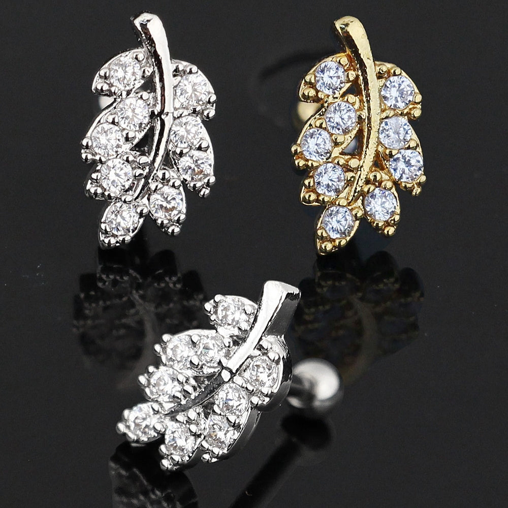 Jeweled Leaf Cartilage Helix Tragus Piercing Ear Stud