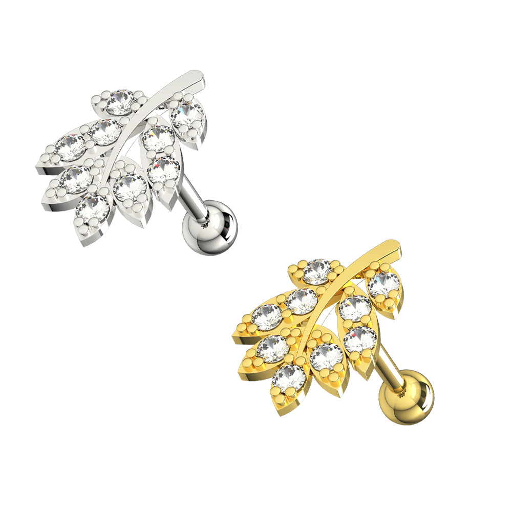 Jeweled Leaf Cartilage Helix Tragus Piercing Ear Stud